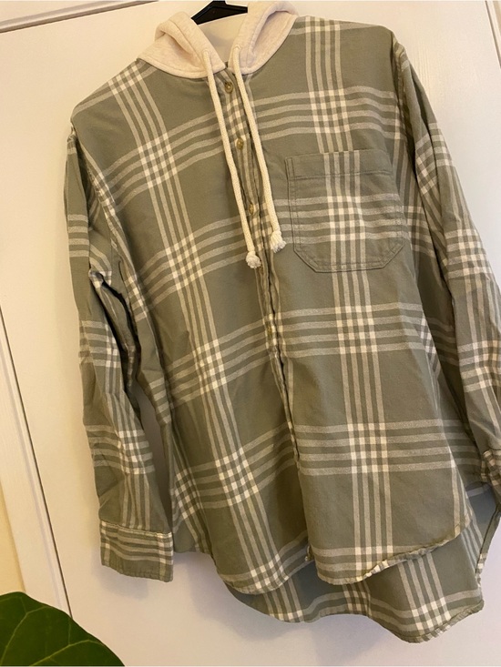 American Eagle Outfitters Tops - American Eagle Outfitters Sage Green Plaid Button Hoodie Shirt